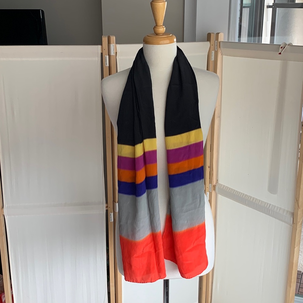 100% silk, multi-coloured silk scarf, made in India, new condition, 62”x20”
